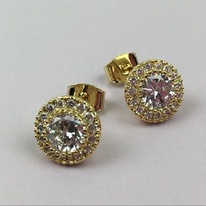Gorgeous Gold Overlay Halo CZ Stud Earrings